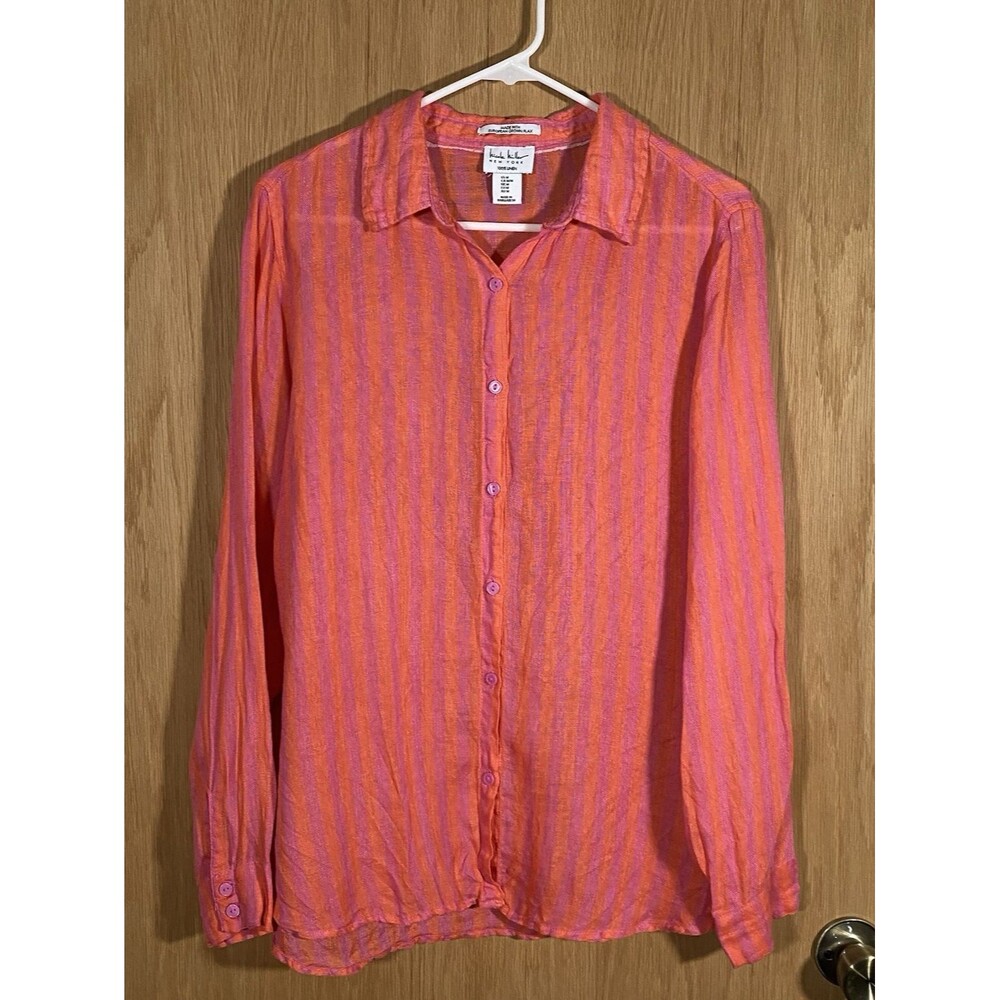Women's M Linen Button Down Top Pink Orange Stripe Preppy Coastal Beach Vacation